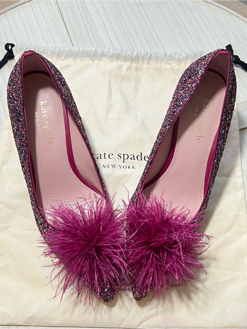 Kate Spade Marabou Glitter Dress Heels Fuchsia Feather Puff Statement Pumps 9.5 - Picture 5 of 12